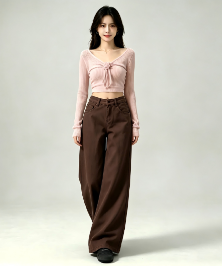 아메리칸 작은 키 커피 색상 넓은 다리 청바지 여성 가을 새로운 하이웨이스트 루즈핏 아니요 막대기 다리 도루 센스 바닥 청소 긴 바지