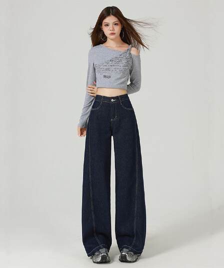 아메리칸 높음 거리 타닌 색상 모통이 칼 청바지 여성 가을 넓은 다리 청바지 여성 표지 넓적 다리 슬림해 보이는 하이웨이스트 바지