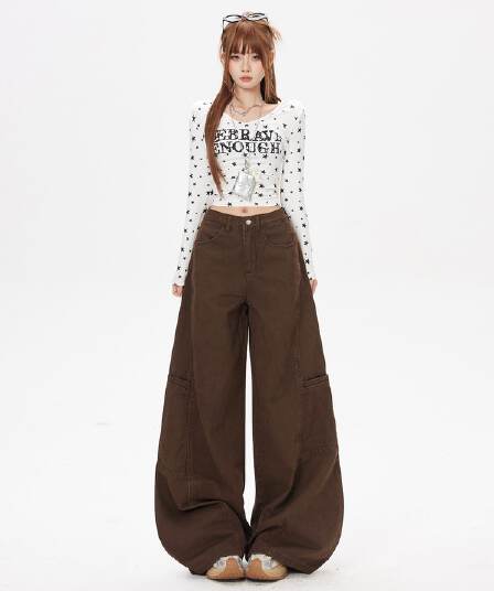아메리칸 커피 색상 넓은 다리 청바지 여성 2026 가을 새로운 하이웨이스트 루즈핏 슬림해 보이는 다용도 도루 센스 스트레이트 긴 바지
