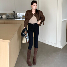 批发黑色牛仔九分小脚裤女翻盖后袋