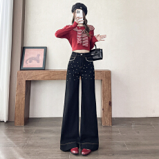 批发时尚潮流新款阔腿休闲宽松显瘦百搭<b class='q'>微喇</b>叭<b class='q'>牛仔裤</b>女