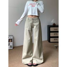 批发美式排扣设计阔腿牛仔<b class='q'>裤</b>女秋季2026新款卡其色宽松<b class='q'>显瘦</b>直筒长<b class='q'>裤</b>子