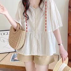 批发哺乳<b class='q'>装</b>2026杏色衬衫夏款通勤甜美v领灯笼短袖娃娃衫+短<b class='q'>裤</b>两件套