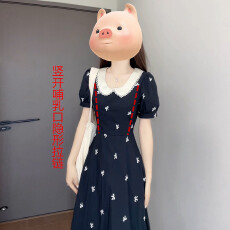 批发法式娃娃领黑色碎花潮妈哺乳连衣裙女装新款<b class='q'>夏</b>季气质收腰显瘦长裙