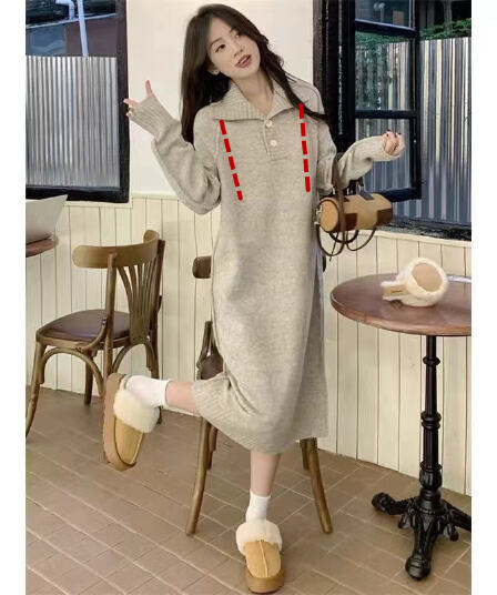 가을 겨울 새로운 POLO 칼라 루즈핏 프랑스식 만나는 인사이드 가져 가라. 중간 길이 무릎 아래 임산부 수유 니트 드레스