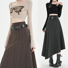 批发2026春季时尚百搭气质超火韩系穿搭开衩裙高级感灰色<b class='q'>条纹</b>半身裙女