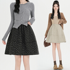 批发2025冬季新款碎花毛呢半身裙女气质甜美a字裙伞裙有口袋气质短裙