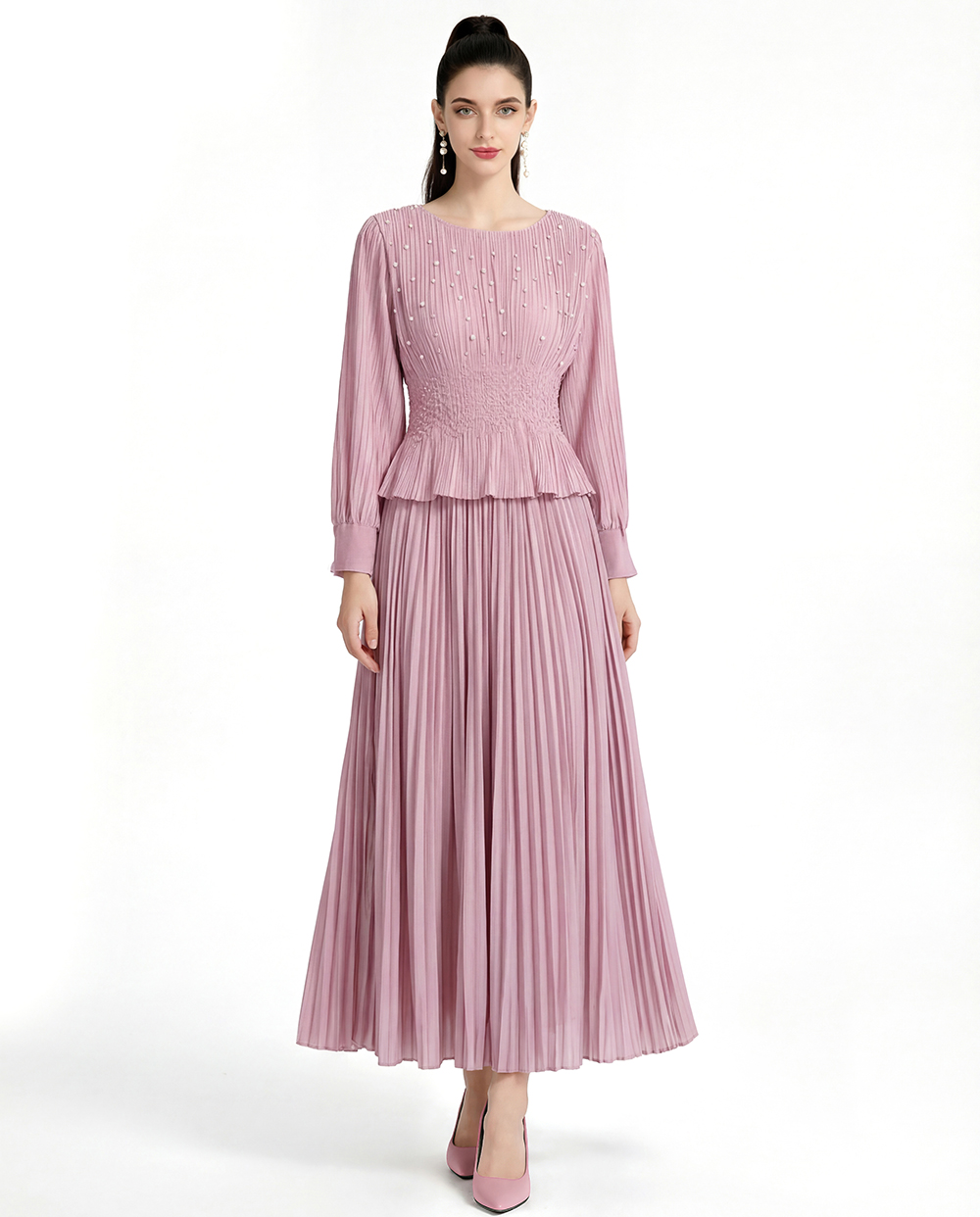 RY1259# 三宅皱褶  重工钉珠假二件套连衣裙