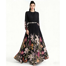 批发三宅褶皱  欧美时尚褶皱 长款大摆印花<b class='q'>连衣裙</b>