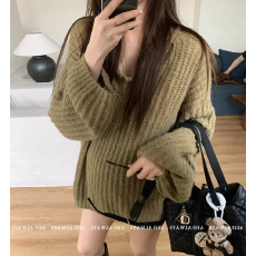 批发秋冬新款韩版设计感镂空V领<b class='q'>针织衫</b>女<b class='q'>宽松</b>慵懒风高级感泡泡袖毛衣