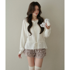 批发淡颜系<b class='q'>秋季</b>奶油设计感收腰绑带针织衫上衣镂空针织衫