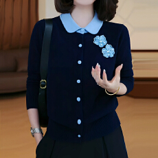 批发2025秋冬季新款女士假两件蓝色翻领毛针织<b class='q'>开衫</b>加厚保暖长袖短上衣