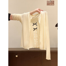 批发杏色木耳边针织开衫女2026春夏新款外搭吊带披肩长袖上衣两件套装