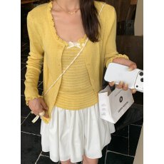 批发2026春季针织衫女长袖薄款休闲百搭针织开衫+条纹蕾丝边<b class='q'>背心</b>套装