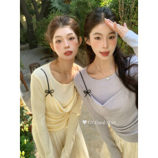 批发假两件蝴蝶结吊带针织衫女春季别致百搭修身显瘦上衣