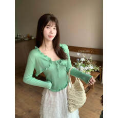 批发2026春季新款爆甜甜氛围木耳边气质针织开衫+背心两件套套装