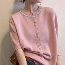 批发小香风钉珠圆领短袖针织<b class='q'>开衫</b><b class='q'>女</b>高级感百搭<b class='q'>毛衣</b>上衣2026夏季新款潮