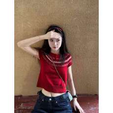 批发巨好看的红色费尔岛针织<b class='q'>毛衣</b>短袖t恤女春夏新款修身显瘦套头上衣