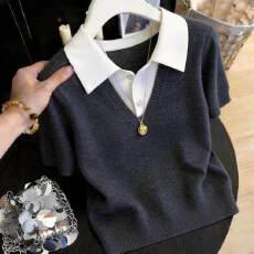 批发<b class='q'>假两件</b>短袖翻领t恤<b class='q'>针织衫</b>女夏季2026新款韩系百搭慵懒风显瘦上衣