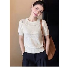 批发2026夏季新款女士时尚轻薄针织镂空圆领短袖上衣休闲减龄<b class='q'>短款</b>小衫