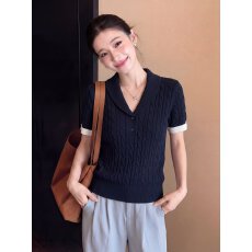 批发老钱风翻领针织短袖t恤女夏季修身气质独特漂亮巨好看上衣