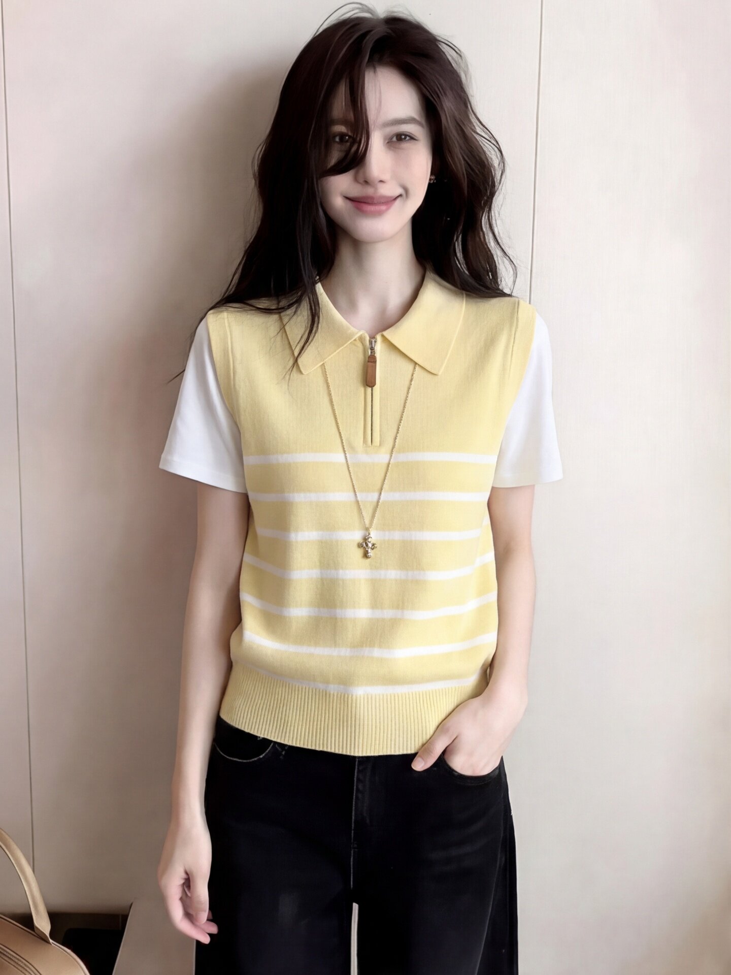 학원 스타일 페이크 레이어드 POLO 칼라 스트라이프 니트 스웨터 여성 2026 년 여름 반팔 풀오버 캐주얼 티셔츠 맨위