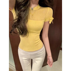 批发夏季超火减龄圆领白色镂空冰丝针织短袖t恤女巨好看高端小资上衣