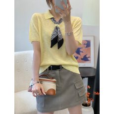 批发多巴胺小众设计感丝巾polo翻领竹节麻短袖<b class='q'>针织衫</b>女26夏季冰丝上衣