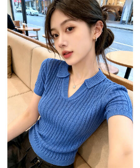 한 부서 POLO 칼라 구덩이 기사 홀로우 아웃 반팔 니트 스웨터 여성 2026 여름 새로운 루즈핏 슬림해 보이는 외국 가스 맨위 트렌디