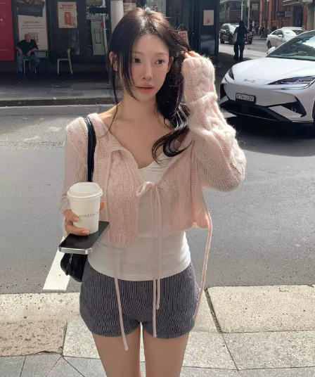 한 부서 부드러운 레이스업 꽈배기 니트 오픈 가디건 여성 조기 가을 느긋한 루즈핏 슬림해 보이는 얇은 스타일 긴팔 단색 맨위