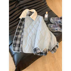 批发蓝色菱格加厚短款保暖棉服棉衣夹棉外套女士洋气小棉袄欧货小个子