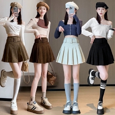 批发灯芯绒毛呢<b class='q'>半身裙</b>女秋冬款加绒加厚<b class='q'>百褶裙</b>韩版高腰显瘦腰带款裙子