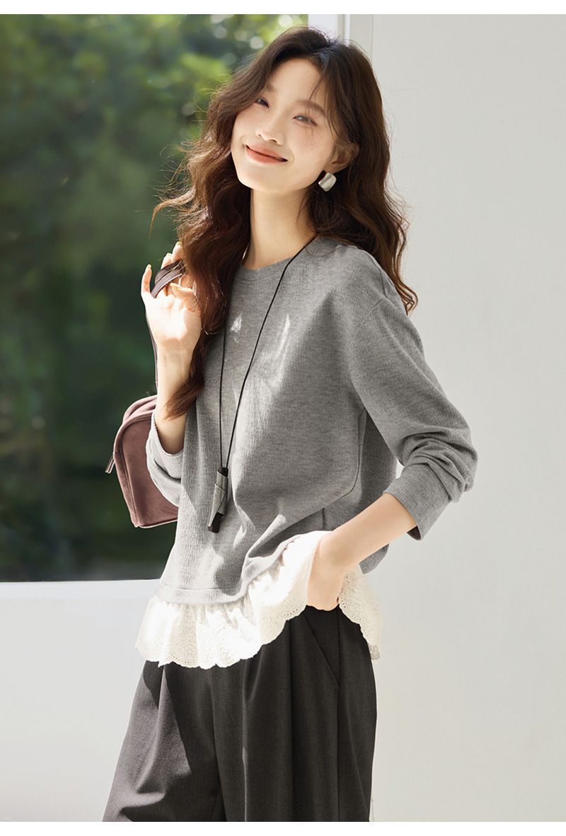 캐주얼 디자인 센스 레이스 조각 후드티 여성 2026 봄 새로운 프릴 밑단 패션 페이크 레이어드 맨위