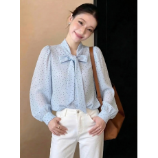 批发法式轻熟蝴蝶结蓝色<b class='q'>波点</b><b class='q'>雪纺</b><b class='q'>衬衫</b>女早春季小个子气质宽松长袖上衣