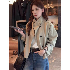 批发<b class='q'>英伦</b><b class='q'>风</b>双排扣短款<b class='q'>风</b>衣外套女2026春装新款休闲宽松小个子百搭上衣