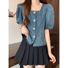 批发设计感<b class='q'>牛仔</b><b class='q'>衬衫</b>女宽松2026夏季韩版泡泡袖方领<b class='q'>衬衣</b>百搭短款上衣