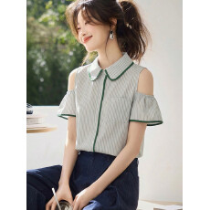批发今年流行的上衣夏季新款独特漂亮小衫白色条纹露肩荷叶边短袖衬衫