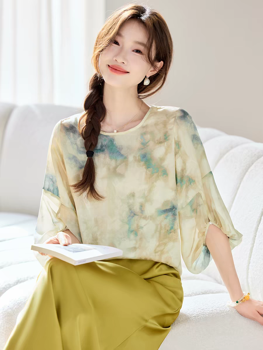 빛 럭셔리 고급 루즈핏 쉬폰 셔츠 헤일로 염색 디자인 라운드 넥 벌룬 소매 비싼 레이디 시뮬레이션 실크 품격 맨위 트렌디