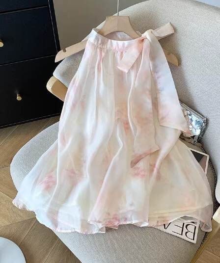 작은 청신 프랑스식 민소매 분말 색 후광 염색 쉬폰 행침 목 스타일 슬림해 보이는 달콤함 디자인 센스 작은 대중 루즈핏 맨위 여성