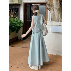 批发2026新款夏季法式无袖背心衬衫女+A字中长裙淑女半身裙子时尚套装