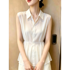 批发法式小众设计感洋气轻奢别致<b class='q'>白色</b>无袖雪纺<b class='q'>衬衫</b>女夏季轻熟收腰上衣