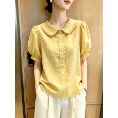 批发2026夏季宽松<b class='q'>上衣</b>小众温柔甜美气质休闲慵懒风黄色格纹<b class='q'>泡泡袖</b>衬衫