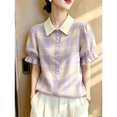 批发夏季2026新款漂亮<b class='q'>上衣</b>小个子时髦洋气韩系甜美紫色格纹<b class='q'>泡泡袖</b>衬衫