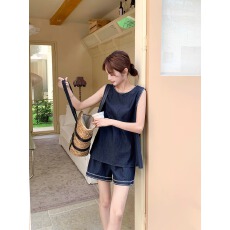 批发深蓝色率性减龄<b class='q'>牛仔</b>套装女夏季2026年新款休闲背心直筒短裤两件套