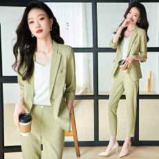 批发初秋套装女薄款时尚气质女神范轻熟风绿色西装外套套裤工作服