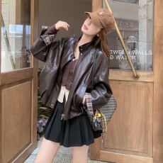 批发红咖色美式时髦甜酷风炸街皮衣外套女2025年秋季新款机车范皮夹克