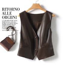 批发<b class='q'>真皮</b>马甲女2025秋装新款绵羊皮背心坎肩V领修身显瘦百搭马夹