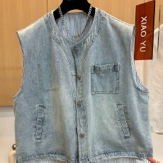 批发高端欧货<b class='q'>春</b>季新款设计感小众竖条纹拼接假两件无袖牛仔马甲外套女