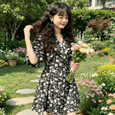 批发2026夏季韩版复古黑色高级感纯欲性感<b class='q'>喇叭袖</b>a型花色短袖<b class='q'>连衣裙</b>女