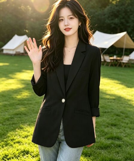 2026 작은 양복 여성 재킷 쇼트 스타일 몸매 가꾸기 작은 키 이른 가을 얇은 스타일 중간 소매 7부 소매 캐주얼 정장 핑크색